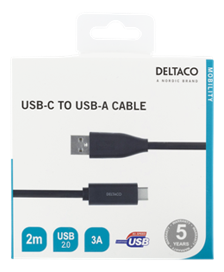 Изображение USB-C uz USB-A kabelis, 2m, 3A, USB 2.0, melns DELTACO / USBC-1006M