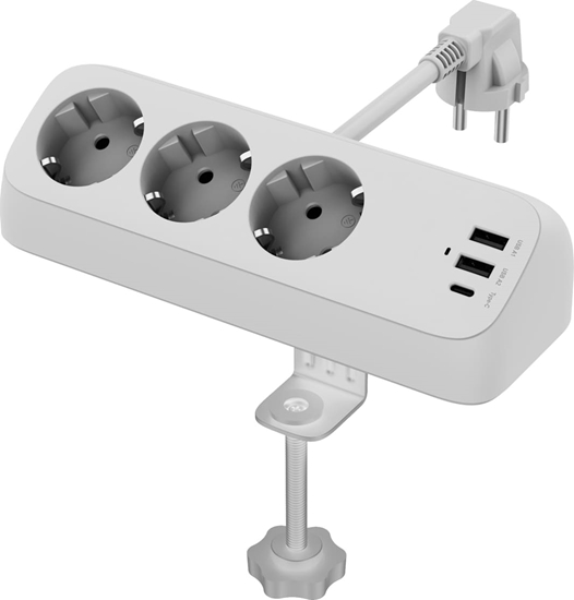 Изображение Value Power Strip, 3-way, with 3x USB (1x C + 2x A) and table clamp, 1.5 m