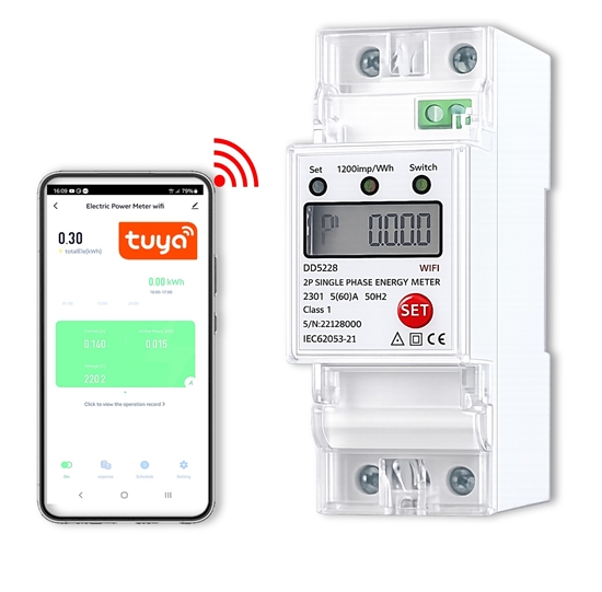 Picture of Viedais WiFi vienfāzes elektrības skaitītājs ar releju un Tuya monitoringu (60A, DIN)