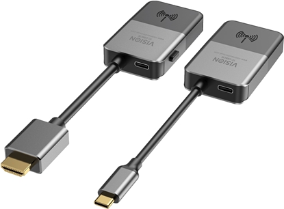 Attēls no Vision Transmitter jest podczany do portu USBC laptopa - Wysya HDMI bezprzewodowo do 10 m - Odbiornik jest podczany do portu HDMI wywietlacza - Rozdzielczo do 4K przy 30 Hz - optymalizowany do zastosowa w zakresie oznakowania i prezentacji