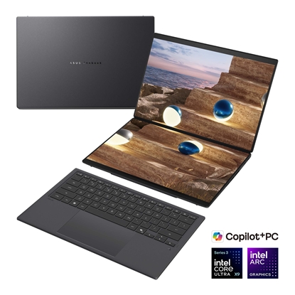 Picture of Asus | Zenbook Duo UX8407AA-SN066W | Moher Gray | 14 " | OLED | Touchscreen | 3K | 2880 x 1800 pixels | 144 Hz | Glossy | Intel Core Ultra X9 | 388H | 32 GB | LPDDR5X | Solid-state drive capacity 2000 GB | Intel Arc Graphics | Windows 11 Home | 802.11be |