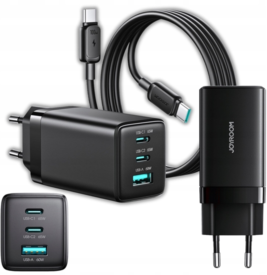 Изображение adowarka Joyroom adowarka sieciowa Joyroom JR-TG10 65W GaN 2x USB-C + USB-A z kablem 100W USB-C - USB-C 1.2m - czarna