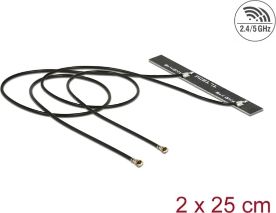 Picture of Delock Dual Band WLAN WiFi 6 Twin Antenna 2 x I-PEX Inc., MHF® 4L plug 5 dBi 2 x 25 cm PCB internal self adhesive