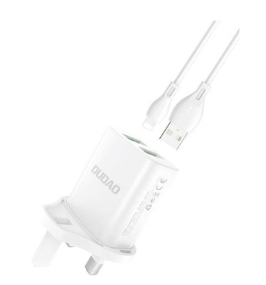 Attēls no Dudao Wall charger UK plug (United Kingdom) 2xUSB-A 2.4A white + USB-A cable - Lightning White