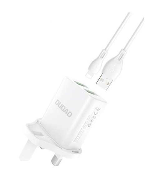 Picture of Dudao Wall charger UK plug (United Kingdom) 2xUSB-A 2.4A white + USB-A cable - Lightning White