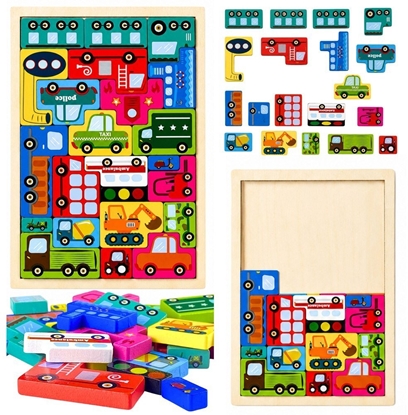 Изображение LeanToys Drewniane Puzzle amigówka Ukadanka Logiczna Pojazdy Kolorowe 23 el. EDUKAMP