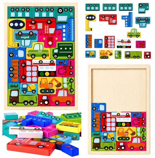 Изображение LeanToys Drewniane Puzzle amigówka Ukadanka Logiczna Pojazdy Kolorowe 23 el. EDUKAMP
