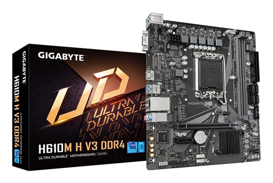 Picture of Mainboard|GIGABYTE|Intel H610|LGA1700|Micro-ATX|Memory DDR4|Memory slots 2|1xPCI-Express 3.0 1x|1xPCI-Express 4.0 16x|1xM.2|1x15pin D-sub|1xHDMI|4xUSB 2.0|2xUSB 3.2|1xPS/2|1xRJ45|3xAudio port|H610MHV3DDR4