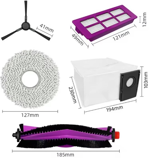 Picture of Midea V15 Spare Parts kit: 1x Side Brush, 2x Mop Pad, 1x Roller Brush, 1x Filter, 1x Dust Bag