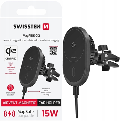 Attēls no Swissten Magnetic Car Holder MagRide with Wireless Charger Qi2 15W (MagSafe compatible)