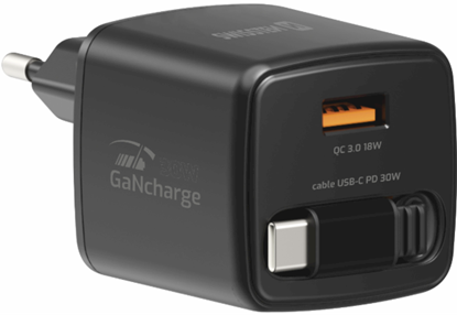 Изображение Swissten SlideCHARGE Power Charger GaN 30W USB-A 18W With retractable USB-C cable 0.75m black
