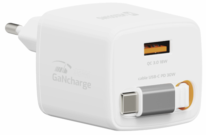 Изображение Swissten SlideCHARGE Power Charger GaN 30W USB-A 18W With retractable USB-C cable 0.75m white
