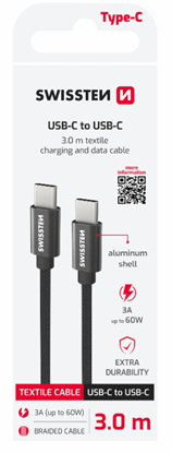 Изображение Swissten Textile Universal Quick Charge 3.1 USB-C / USB-C Data and Charging Cable 3m black