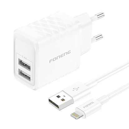Attēls no adowarka Foneng adowarka sieciowa Foneng EU53 2xUSB-A,  2,4A (Biaa) + kabel USB-A doLightning