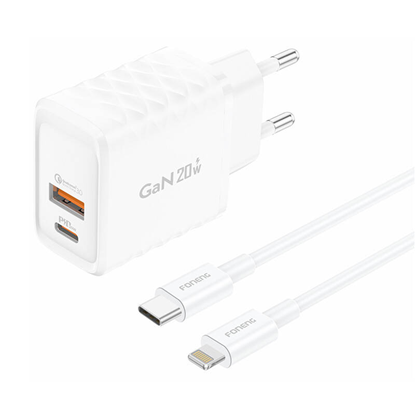 Attēls no adowarka Foneng adowarka sieciowa Foneng EU56 1xUSB-A, 1xUSB-C, 20W (Biaa) + kabel USB-A do Lightning