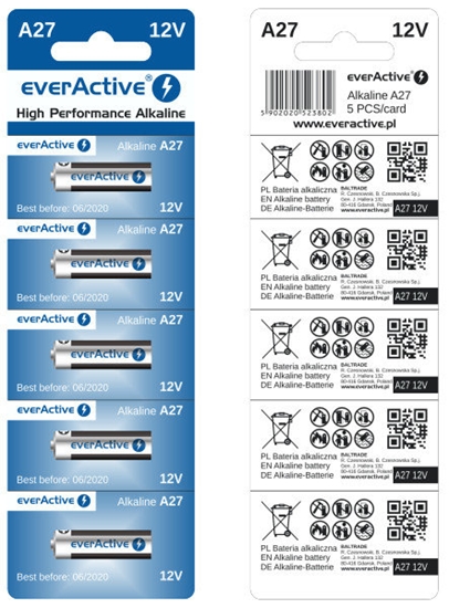 Picture of 27A baterijas 12V everActive Alkaline MN27/L828  iepakojumā 5 gb.