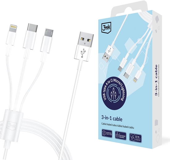 Изображение 3MK Accessories - Cable USB type A do USB C/Micro USB/Lightning 1,2m 20V/2.4A 15W White MM - global