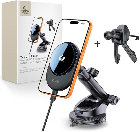 Picture of 4kom.pl TECH-PROTECT V21 MAGNETIC MAGSAFE DASHBOARD & VENT CAR MOUNT WIRELESS CHARGER 25W QI2.2 BLACK