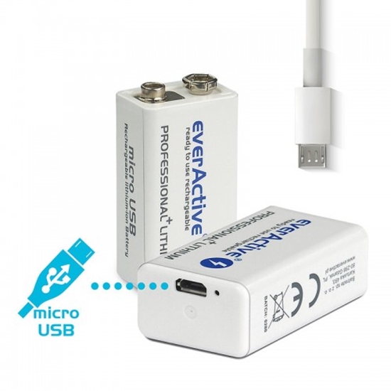 Picture of 6F22 akumulators 8.4V everActive Li-ion + Chip 550 mAh | mikroUSB lādēšanai