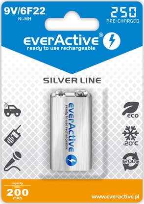 Изображение AK9.eA.SL1; 6F22/9V akumulatori 8.4V everActive Silver line Ni-MH 250 mAh iepakojumā 1 gb.
