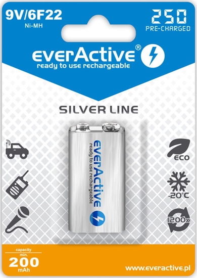 Изображение AK9.eA.SL1; 6F22/9V akumulatori 8.4V everActive Silver line Ni-MH 250 mAh iepakojumā 1 gb.