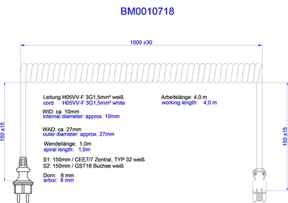 Изображение Bachmann Spiralleitung H05VV-F 3G1,5mm² L:1,0m ws ISV/CEE7/7