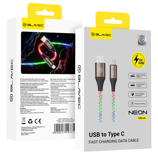 Picture of Blavec Kabel Neon - USB na Typ C - QC 3.0 60W 3A 1