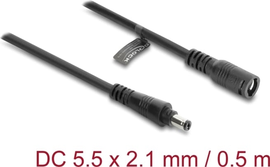 Picture of Delock DC Extension Cable 5.5 x 2.1 mm male to female with bayonet lock 18 AWG 0.5 m black