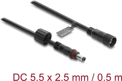 Picture of Delock DC Extension Cable 5.5 x 2.5 mm male to female with screw cap M12 x 1.75 mm thread waterproof 18 AWG 0.5 m black