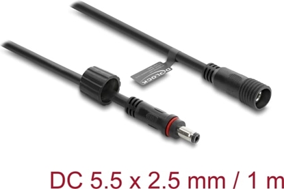Picture of Delock DC Extension Cable 5.5 x 2.5 mm male to female with screw cap M12 x 1.75 mm thread waterproof 18 AWG 1 m black