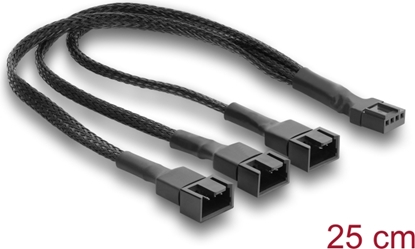 Изображение Delock Fan Cable Splitter 1 x 4 pin PWM female to male + 2 x 4 pin (3 pins connected) male with braided jacket 25 cm black