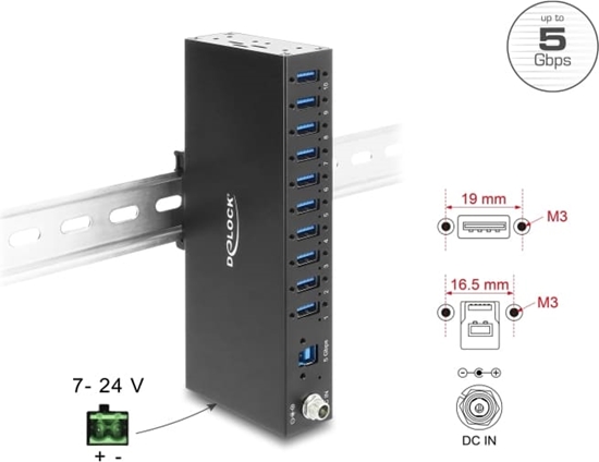 Picture of Delock Industry Hub 10 x USB 5 Gbps Type-A with 8 kV ESD protection and DIN rail mounting