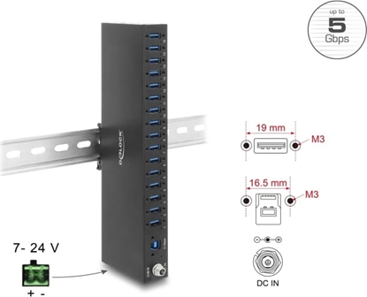 Picture of Delock Industry Hub 16 x USB 5 Gbps Type-A with 8 kV ESD protection and DIN rail mounting