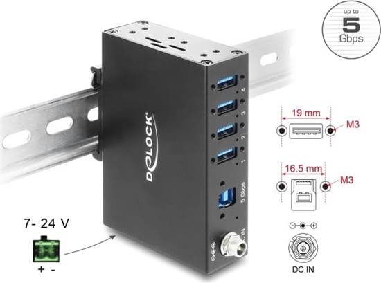 Picture of Delock Industry Hub 4 x USB 5 Gbps Type-A with 8 kV ESD protection and DIN rail mounting