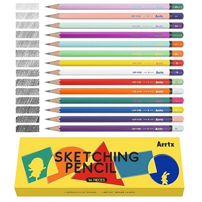 Picture of Drawing Sketch Pencil Set ARRTX, 4H, 3H, 2H, H, F, HB, B, 2B, 3B, 4B, 5B, 6B, 7B, 8B, 14pcs