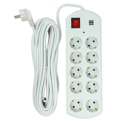 Picture of Extension cord 10m, 10 sockets, 2x USB, with switch