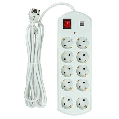 Picture of Extension cord 5m, 10 sockets, 2x USB, with switch