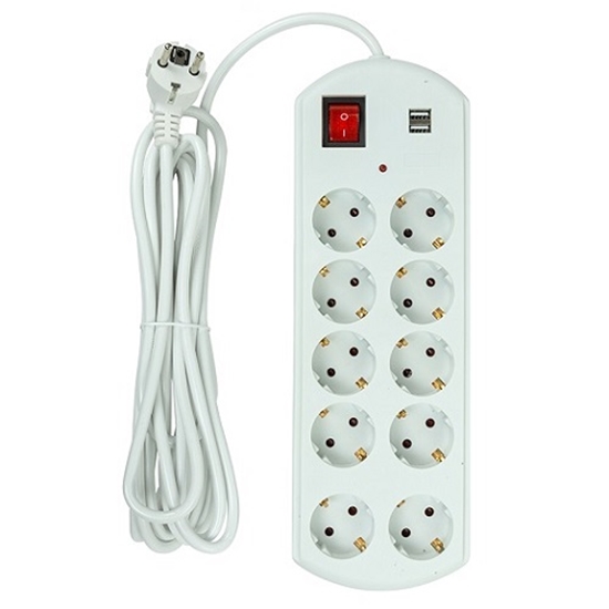 Picture of Extension cord 5m, 10 sockets, 2x USB, with switch