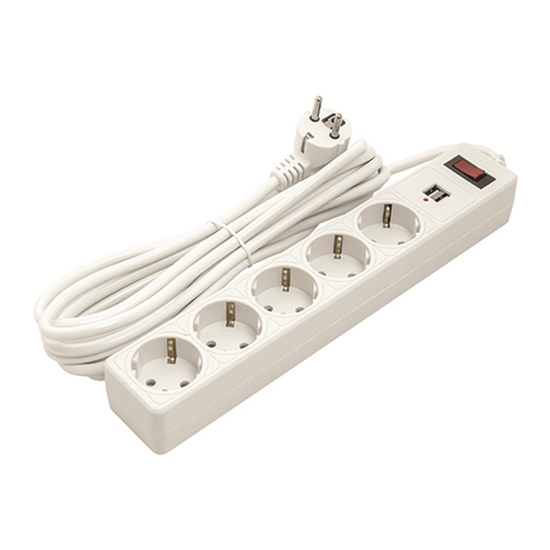 Picture of Extension cord 5m, 5 sockets, 2xUSB, with switch