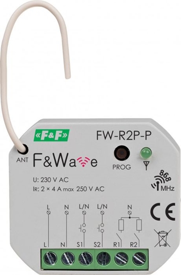 Изображение F&F Radiowy podwójny przekanik bistabilny do puszki fi60 85-265V AC/DC multifunkcyjny podtynkowy FW-R2P-P