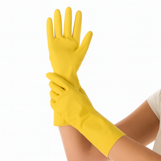 Изображение Gumijas cimdi ar floku GENTLE TOUCH, dzelteni, 380mik, XL izmērs, 28cm, pāris
