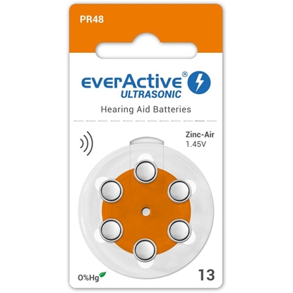 Attēls no Izmērs 13, Dzirdes Aparāta Baterija, 1.45V everActive Zn-Air PR48 iepakojumā 6 gb.