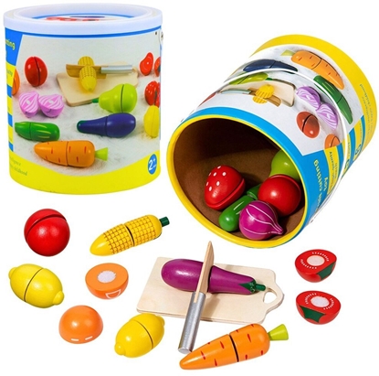 Picture of LeanToys Drewniany Zestaw Owoców Warzyw Do Krojenia Deska Bezpieczny Nó Wiadro 13el