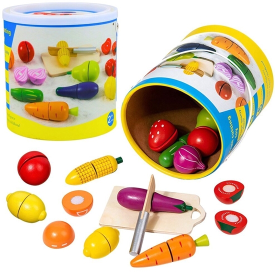Picture of LeanToys Drewniany Zestaw Owoców Warzyw Do Krojenia Deska Bezpieczny Nó Wiadro 13el