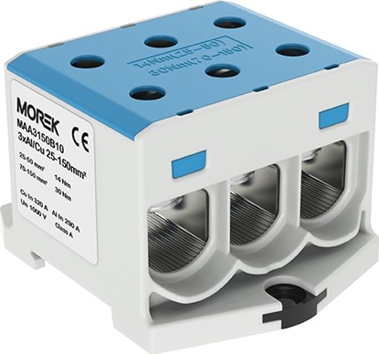 Изображение MOREK Zczka szynowa 25-150mm2 nieb. 6otwor AL/CU 1000V TH35 1P MAA3150B10 Morek 4351