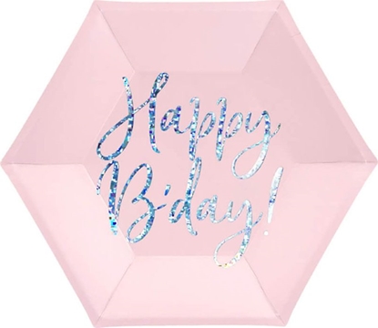 Attēls no Party Deco talerzyki urodzinowe jasnoróowe Happy B'day 20 cm 6 sztuk uniwersalne (43761)