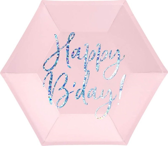 Изображение Party Deco talerzyki urodzinowe jasnoróowe Happy B'day 20 cm 6 sztuk uniwersalne (43761)