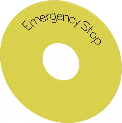 Attēls no Siemens Etykieta podkadkowa óta z inskrypcj: emergency stop rednica zewn. 75mm wewn. 225mm grubo 2mm 3SU1900-0BB31-0DA0