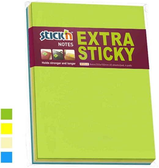 Picture of Stickn Notes Stick'N ekstra sticky 203x150mm 45 blade ass. 4blk/pak