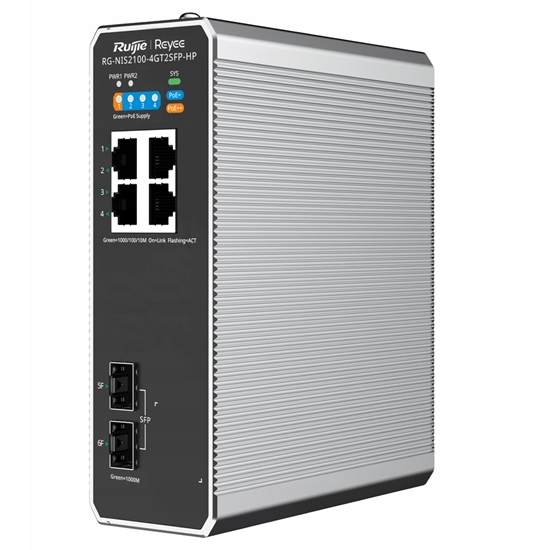 Picture of Switch RUIJIE Ruijie Reyee RG-NIS2100-4GT2SFP-HP| Switch zarzdzalny przemysowy, 6 portów, 4xGE, 1xPoE++, 3xPoE+, 180W, 2xSFP, L2, Cloud